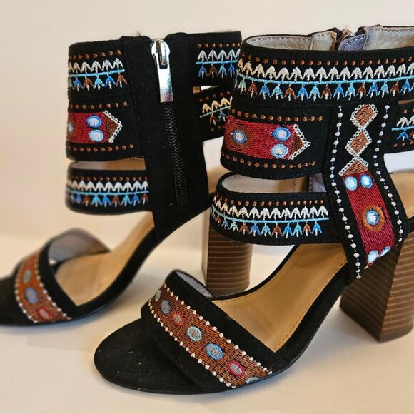 Embroidered open toe bohemian stacked heel sandals S6 - Picture 5 of 6